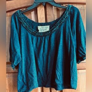 Deletta XL Teal Blue Ruffled neck Blouse XL, 21" across, 20" long